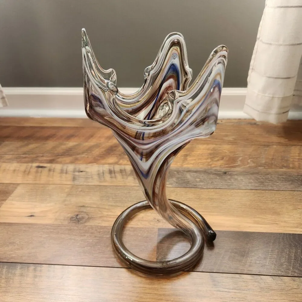 Vtg Sooner/Murano/Ozark Style Art Glass Swirl Vase Coiled Base Handcrafted MCM